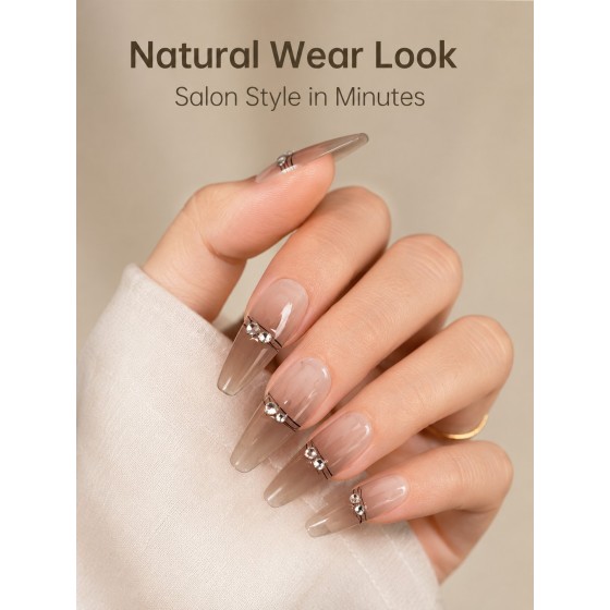 Nude‑Brown Gradient Medium‑Long Coffin Press‑On Nails, Elegant False Nails With Thin Black Lines & Rhinestones